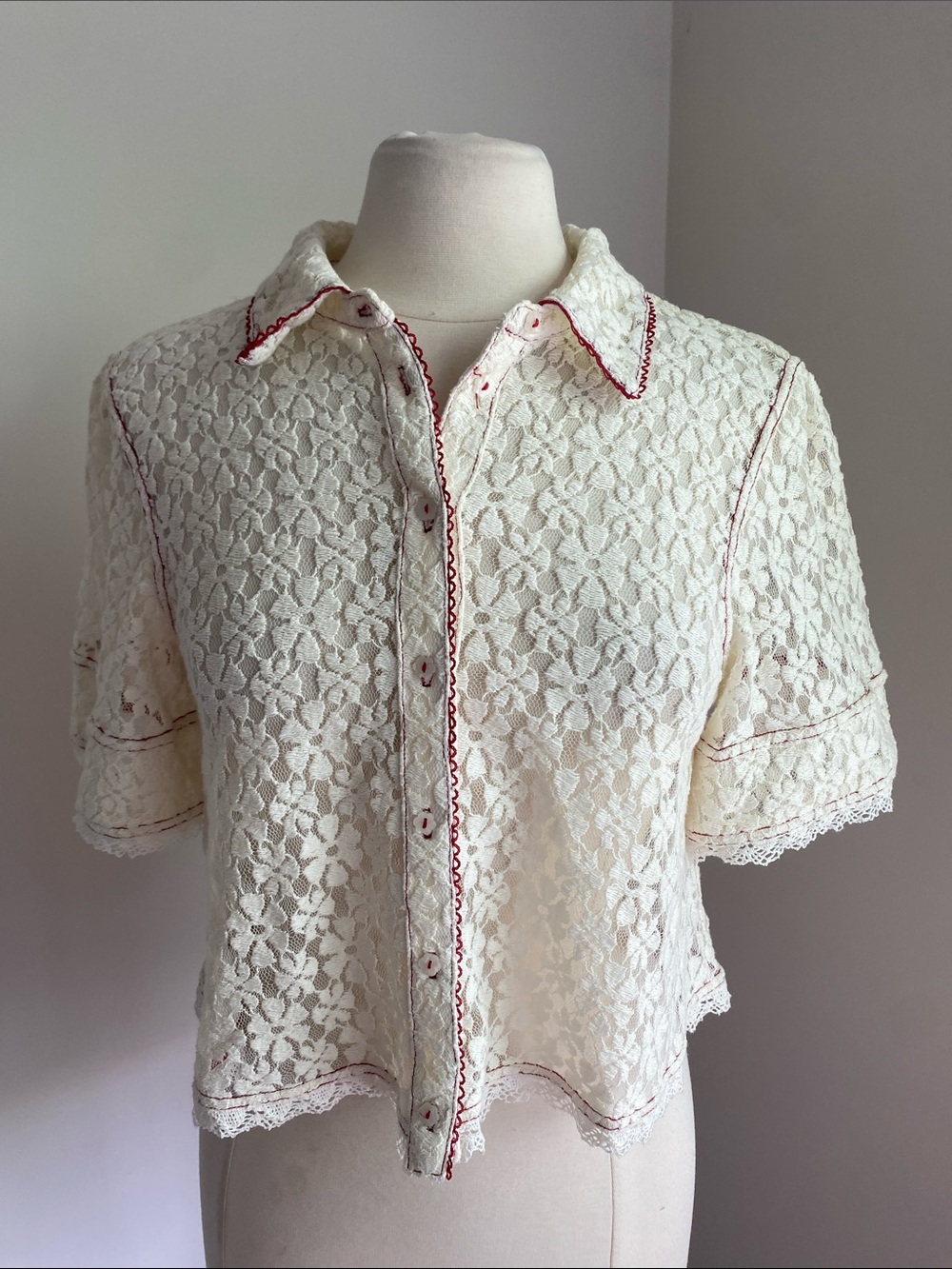 Free People Ivory Lace Short-Sleeve Button-Down Top - Picture 3 of 6